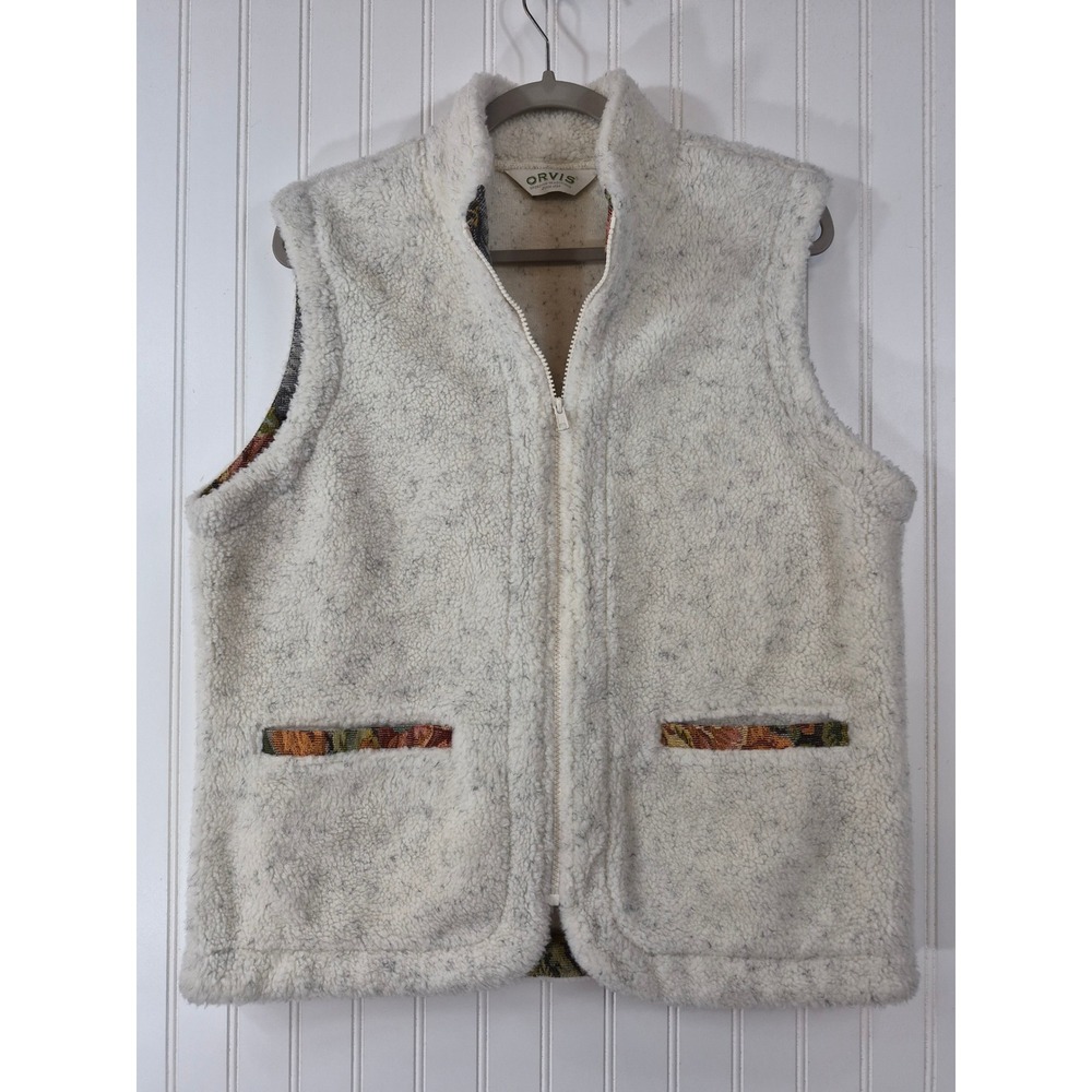 Orvis Women Thick Fleece Vest Large Cream Sherpa Full Zip Tapestry Trim Outdoor